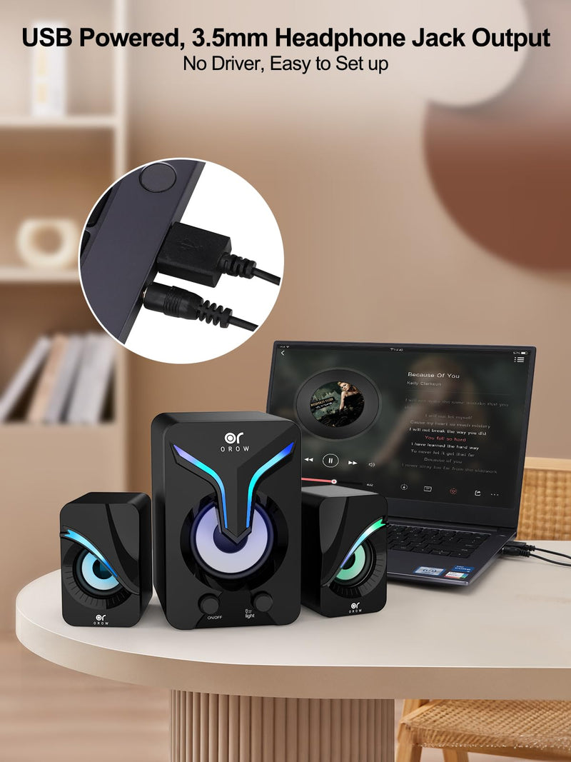 OROW Computer Speakers,Mini PC Speakers with Subwoofer,2.1 Desktop Speaker with RGB Lights,USB Powered, Stereo Sound,Gaming Speakerwith 3.5mm Aux Cable for Monitor/Laptop/Tablet(S212) Black
