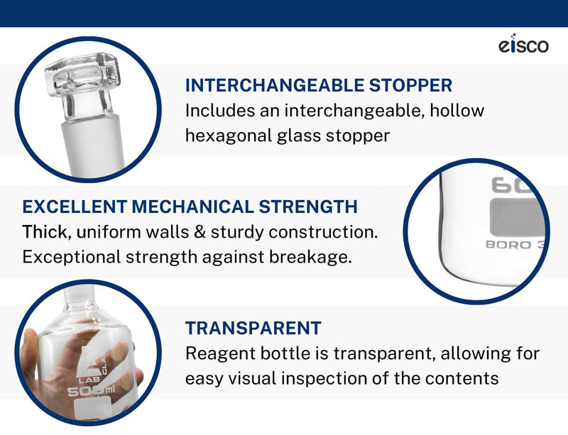 EISCO Reagent Bottle, Borosilicate Glass, Narrow Mouth with Interchangeable Hexagonal hollow glass Stopper - 1000ml Labs