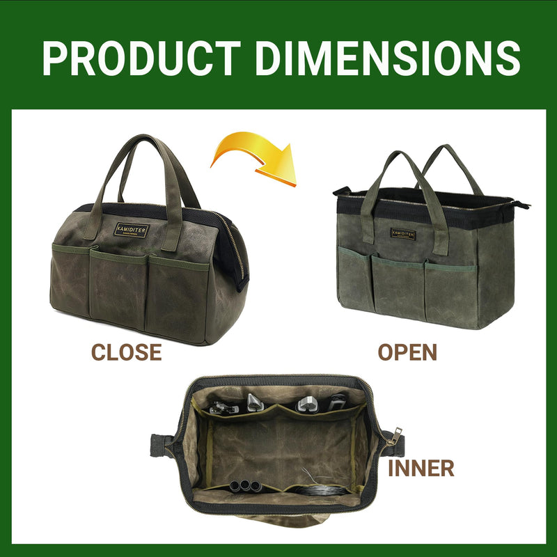 13-inch Tool Bag, Heavy Duty Wide Mouth Water-Resistant Tool Bag, Tool Tote with Handle for Tools, Wrenches, Screwdrivers (13 X 7 X 9 inch) | ArmyGreen 13 Inch