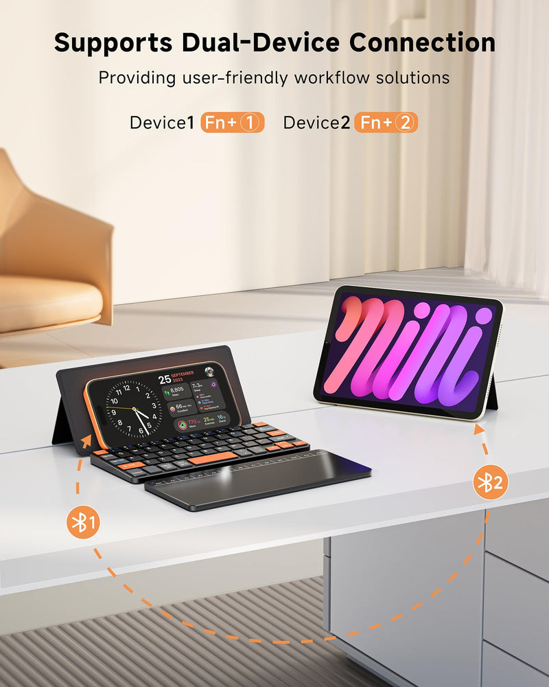 Mini Wireless Keyboard with Touchpad for Phones,Galaxy Z Fold 8 Ultra/8/7/6 | Ultra Compact, Portable Travel, Dual-device Bluetooth, Adjustable Stand, Leather Cover, Keyboard with Trackpad, For iPad mini