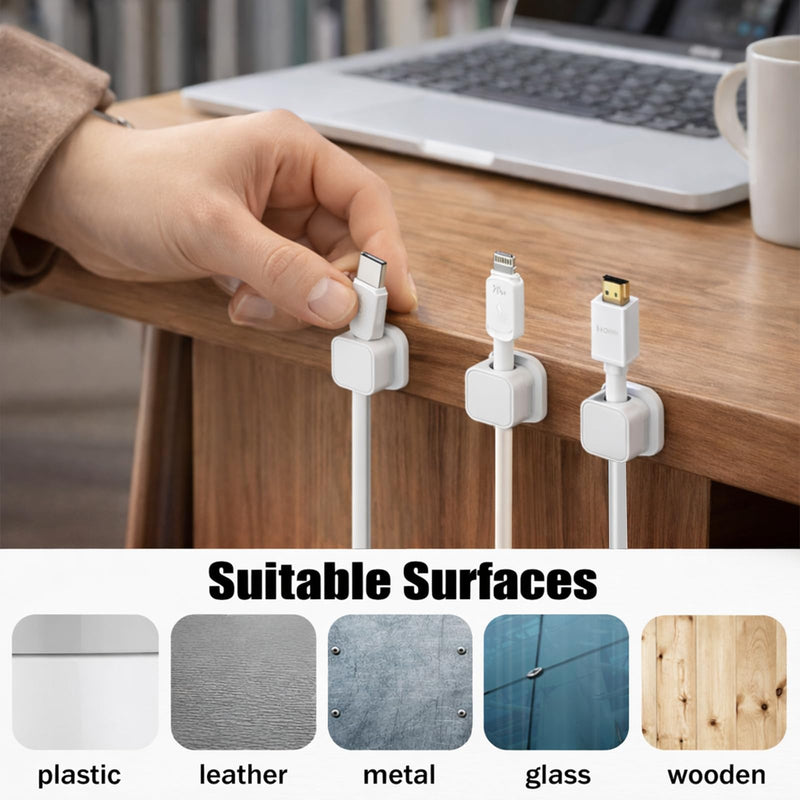 6PCS Magnetic Cable Organizer for Desk and Wall, Reusable Cable Holder Cord Management Cable Straps for Home Office School, White 6