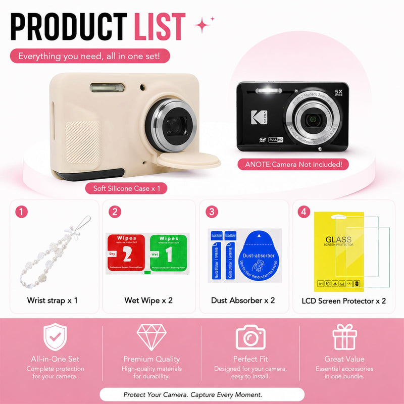 Case for Kodak PIXPRO FZ55 Digital Camera,Silicone Camera Case with Removable Lens Cover,Cute Beaded Charm Strap& 2 Pack Screen Protectors,Aesthetic Travel Camera Accessories (Beige) Beige