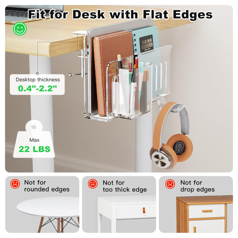 Acrylic Desk Side Storage,Under Desk Laptop Holder Storage Clamp on desk shelf,With Pen Holder and Headset Hook,Clear Desk Side Hanging Organizer accessories (transparent) transparent