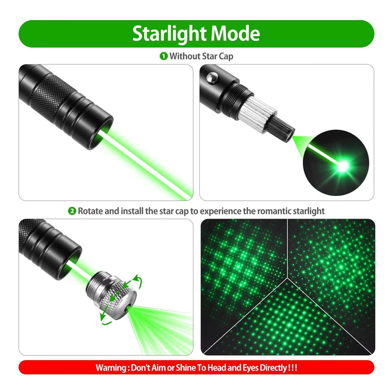 Laser Pointer High Power Rechargeable Lazer Pointer, Laser Pen with Long Range Adjustable Focus with Star Cap, Laser Pointer Pen Suitable for Outdoor, Astronomy, Cats Dogs (Green)