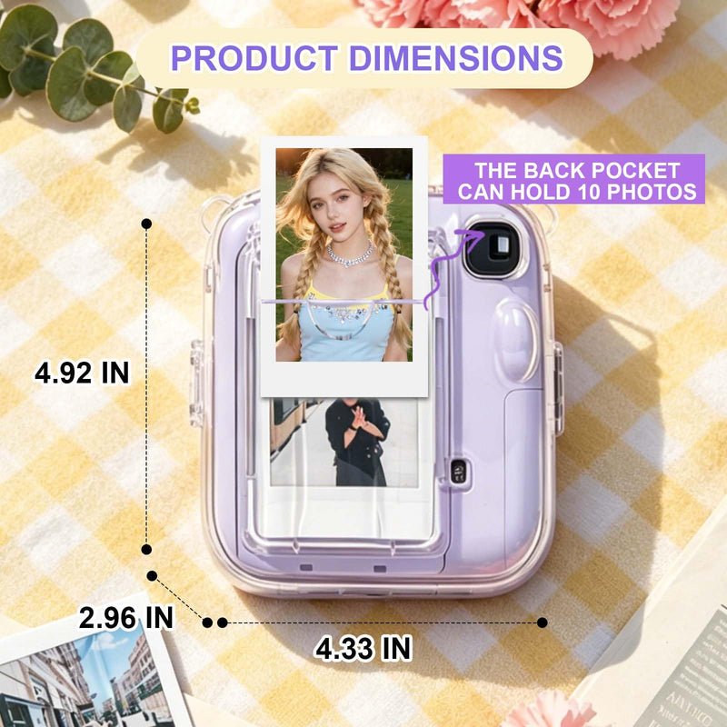 Clear Camera Case for Fujifilm Instax Mini 13, Purple Camera Strap | Protective Cover with Anti-Accidental Shutter, 4 Composition Cards, Photo Storage Holds 10 Films,Clear Hard Shell, No Camera