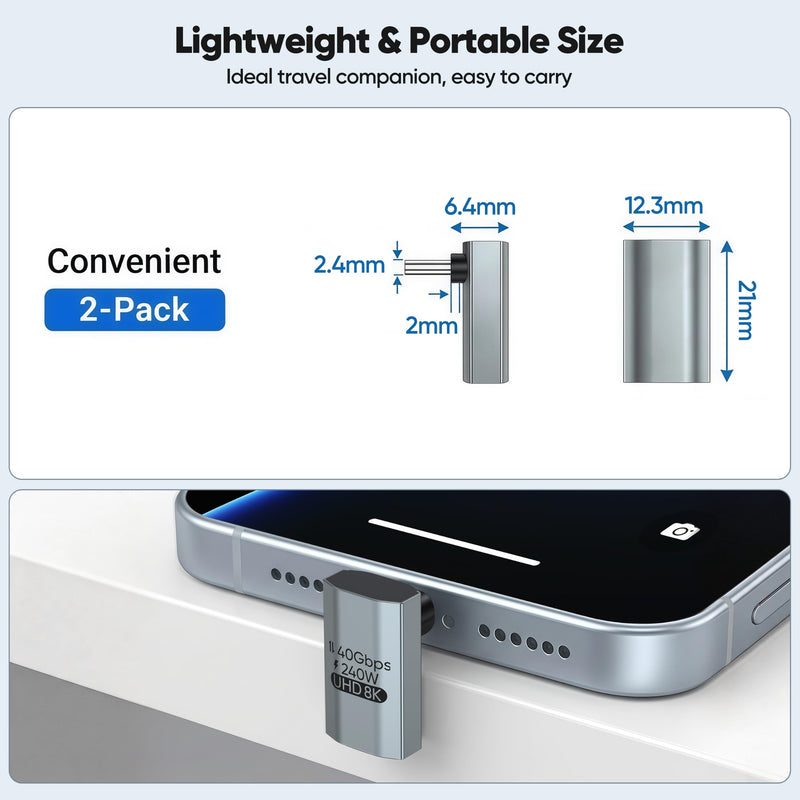 90 Degree USB C Adapter Flat 2Pack, 40Gbps/240W Thunderbolt4 Right Angle | 8K@60HZ Video Type C Male to Female USB4 Extender Adapter Kit for Steam Deck, Switch 2, ROG Ally, Laptop, Docking, Quest 3 90 Degree