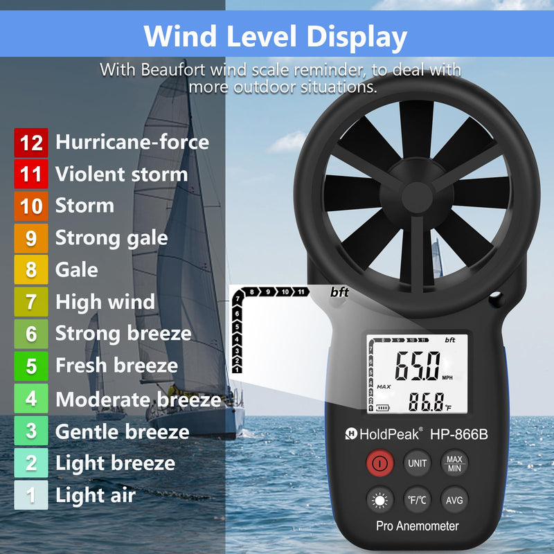 HoldPeak 866B Digital Anemometer Handheld Wind Speed Meter for Measuring Wind Speed, Temperature and Wind Chill with Backlight and Max/Min 1Pcs 866B Anemometer