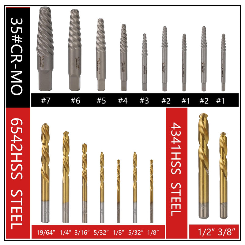 18Pcs Screw Extractor and Left Hand Drill Bit Set, Easy Out Broken Bolt Remover Reverse 6542/4341 HSS Steel Cobalt, Bolt Extractor Kit for Remove Stripped Screws, Damaged Bolts Studs Upgarded Kit-18PCS