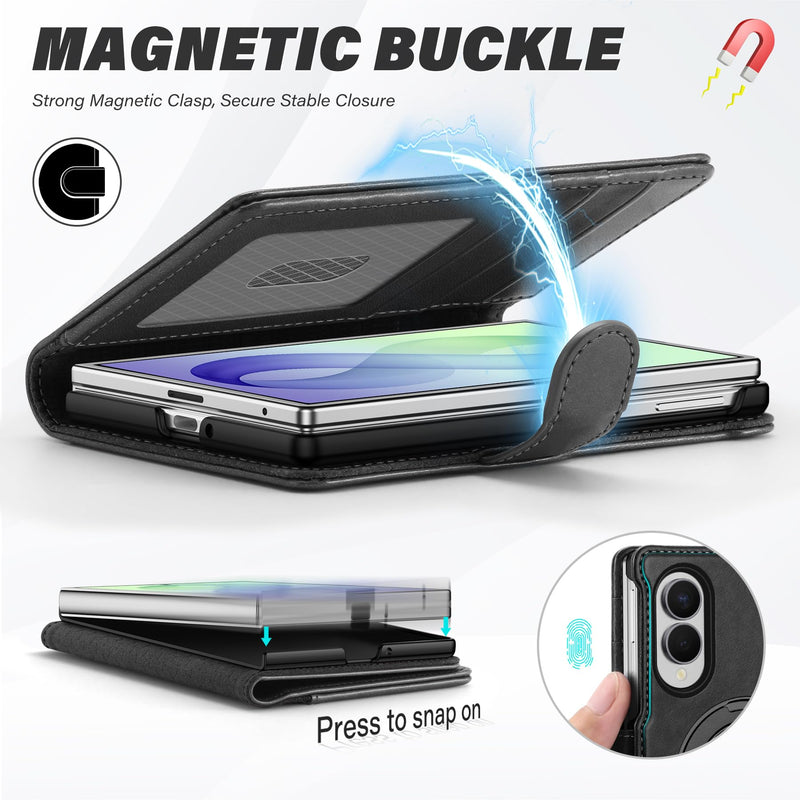 TUCCH Wallet Case with Ring Stand for Galaxy Z Fold8 (7.6") 2026, Black | 3 Card Slots, RFID Blocking, Adjustable Kickstand, PU Leather, PC Shell, Magnetic Closure, Folio Flip Cover