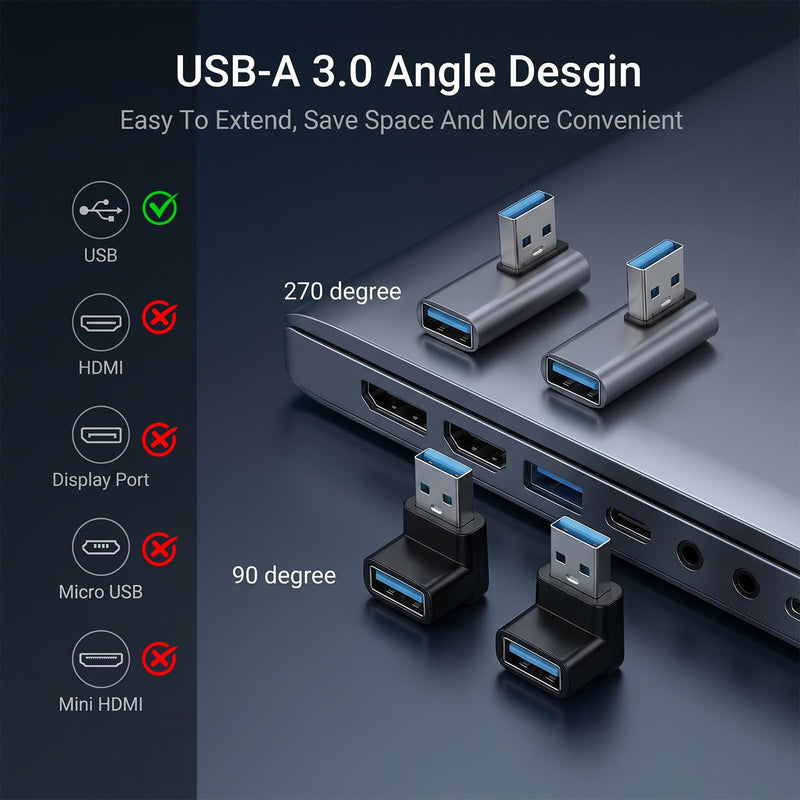 4 PCS USB 90 Degree Adapter, 10Gbps USB 3.1 Male to Female Adapter Up Down Left Right Right Angle USBCable Extension Connector L Shape On The Go (OTG) Connector Extender for Laptop, Mouse, Keyboard