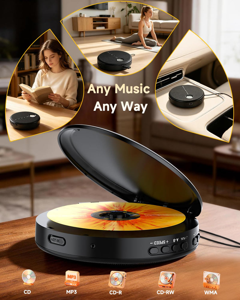 Portable Bluetooth CD Player with Anti-Skip, Stereo Speakers & Headphones | A-B Repeat, PROG Memory, 10 Playback Speeds, AUX input, Small Personal Walkman CD Players for Home, Car & Travel, Ideal Gifts