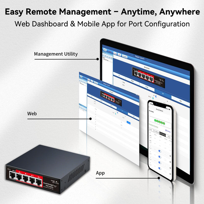 STEAMEMO 5 Port PoE+ Switch | Easy Smart Managed Ethernet Switch | Support VLAN, QoS | 52W Total PoE Budget | Fanless Metal | Plug & Play (Desktop/Wall Mount) 5 Ports|52W 4xPoE+