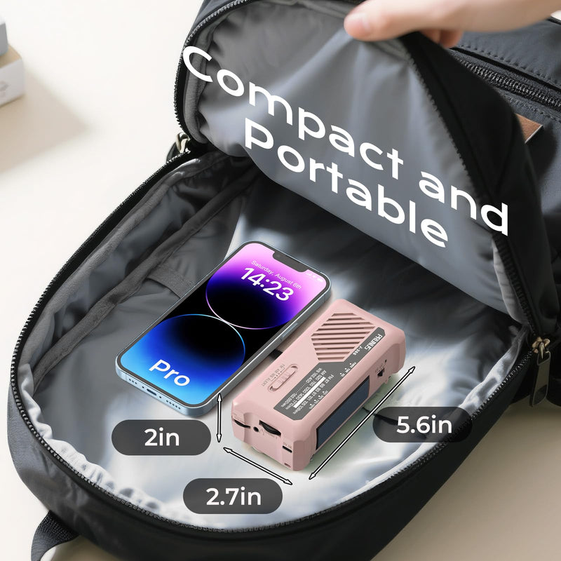 PRUNUS J-366 Emergency Radio with 3 Charging Cables, NOAA Weather Alert | 7400mWh/Solar/Hand Crank/USB-C Charging, Battery Operated, WB/AM/FM, SOS Alarm, Flashlight, Compact for Bag, NOAA Radio Pink