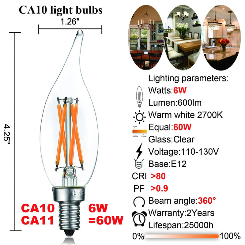 LiteHistory E12 led Bulb Dimmable 6W Equal 60 Watt LED Light Bulbs 2700K AC120V led Edison Bulb CA10 CA11 led Candelabra Bulb for Chandelier Light Bulbs and Ceiling Fan Light Bulbs 600LM Clear 12Pack Flame Tip 2700k 12pack