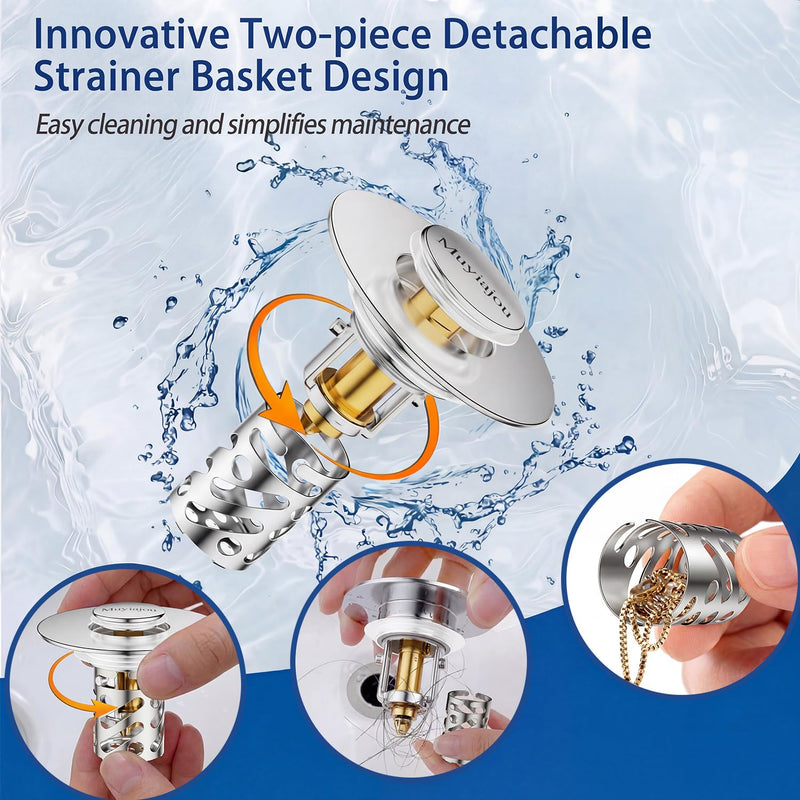 2 Pack 3-in-1 Universal Sink Drain Strainer,Muyiajou Pop Up Stopper with Hair Catcher, Stainless Steel Replacement Plug with Removable Filter Basket for 1.1" to 2.36" Bathroom Sink Basin (2, Silver)
