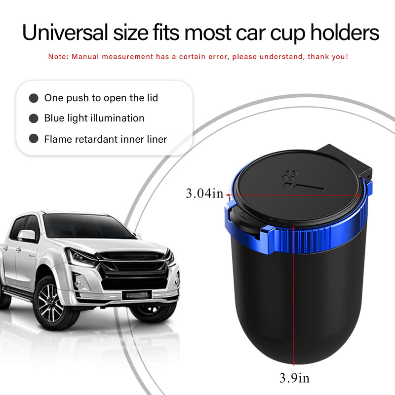 Car Ashtray with Lid, Detachable Stainless Smokeless Auto Ashtray with LED Blue Light, Portable Mini Trash Can for Cup Holder, Universal Vehicle Interior Accessories (Blue)