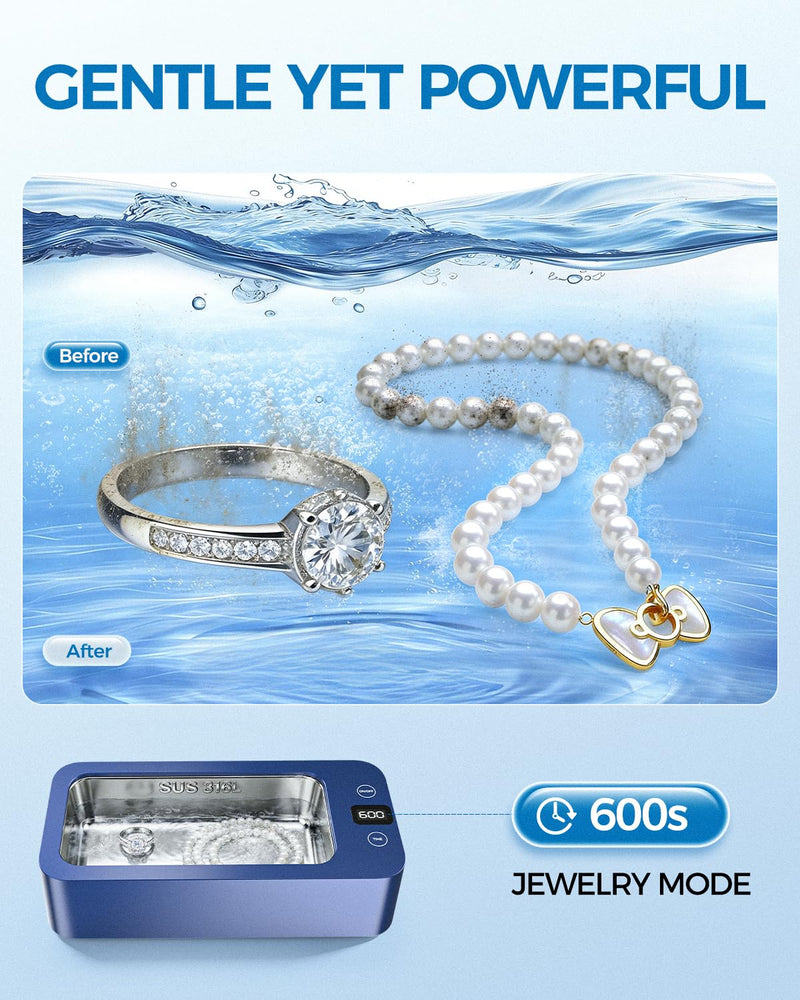 Ultrasonic Jewelry Cleaner Machine Pro | Professional 316 Stainless Steel Tank for Rings, Eyeglasses, Dentures | 500ml Capacity with 5 Time Modes & 3 High Frequencies | Large Capacity /316 SUS Blue