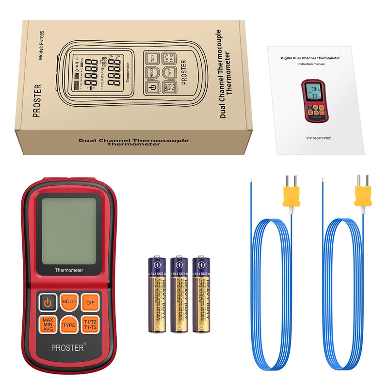 Proster Digital Thermocouple Temperature Thermometer Dual Channel - with Two K-Type Thermocouple Probe, Backlight LCD Thermometer for K J T E R S N Type Red