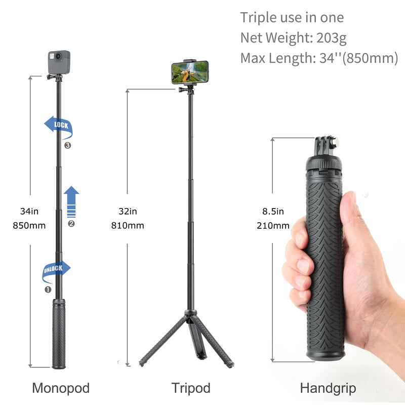 SOONSUN Aluminum Waterproof Selfie Stick Long Extension Pole Handle Grip Tripod Stand for GoPro Max, Fusion, Session, Hero 12 11 10 9 8 7 6 5 4 3 2, Osmo Action 3, 4, Insta360 2,3 SJCAM Cameras