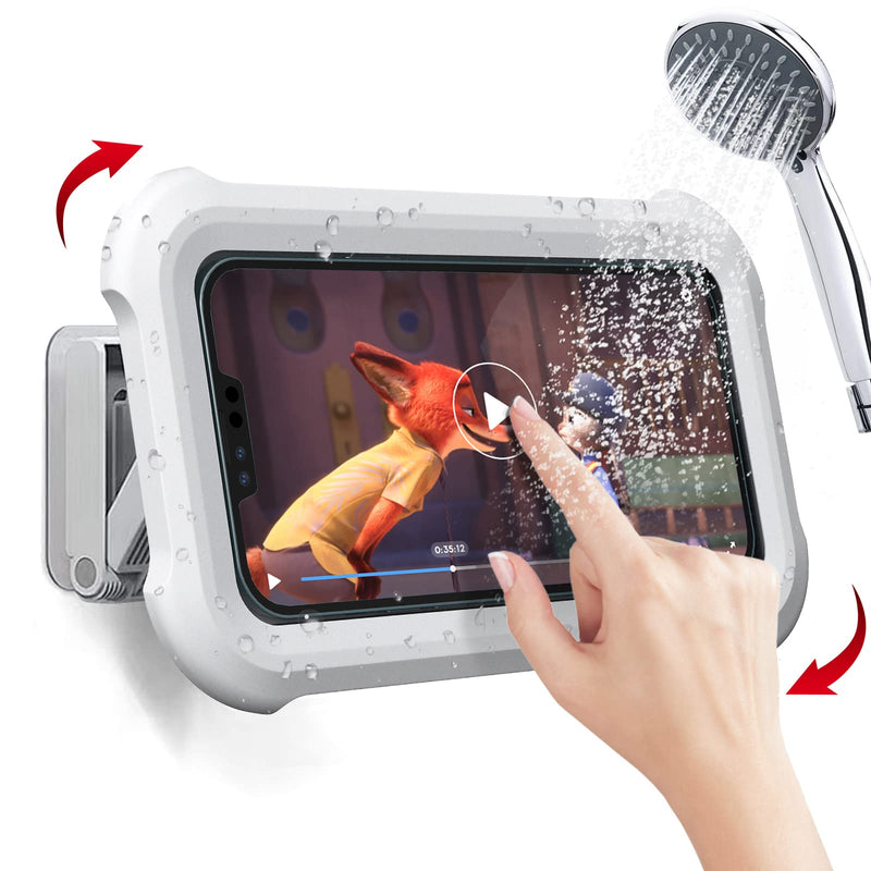 Upgraded 480° Rotating Shower Phone Holder Waterproof Case with Touch Screen,OOLYICO Shower Accessories Guardian Buddy Holder Wall Mount Shelf in Bathroom Bathtub for 4" - 7" Cell Phone White