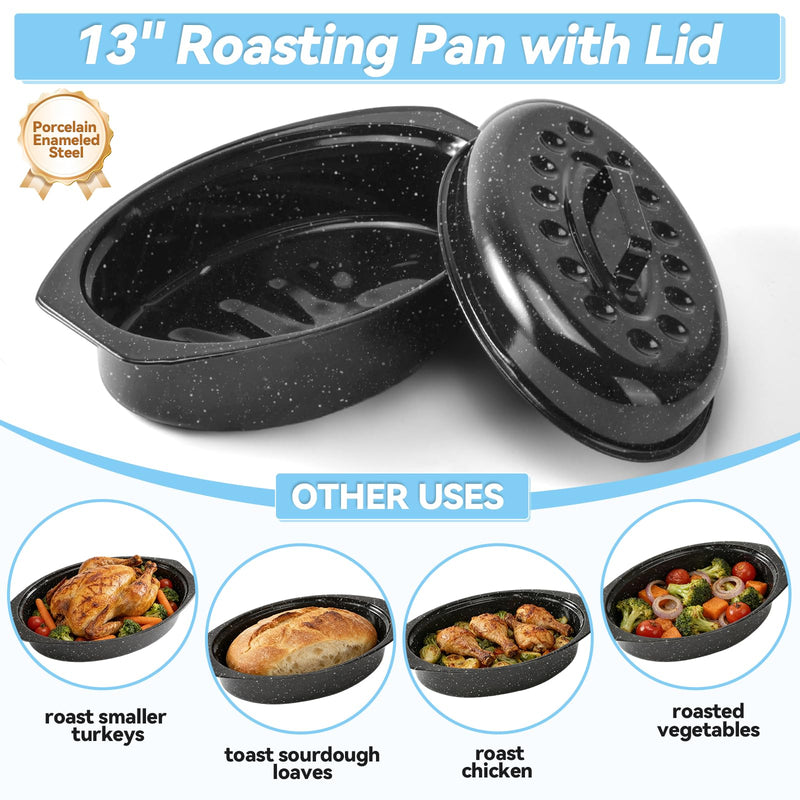 13" Roasting Pans for Ovens Porcelain Enameled Steel Oval Roaster Pan with Domed Lid for Small Turkey, Chicken, Vegetable, Lamb, Sourdough Bread Black-13 Inch