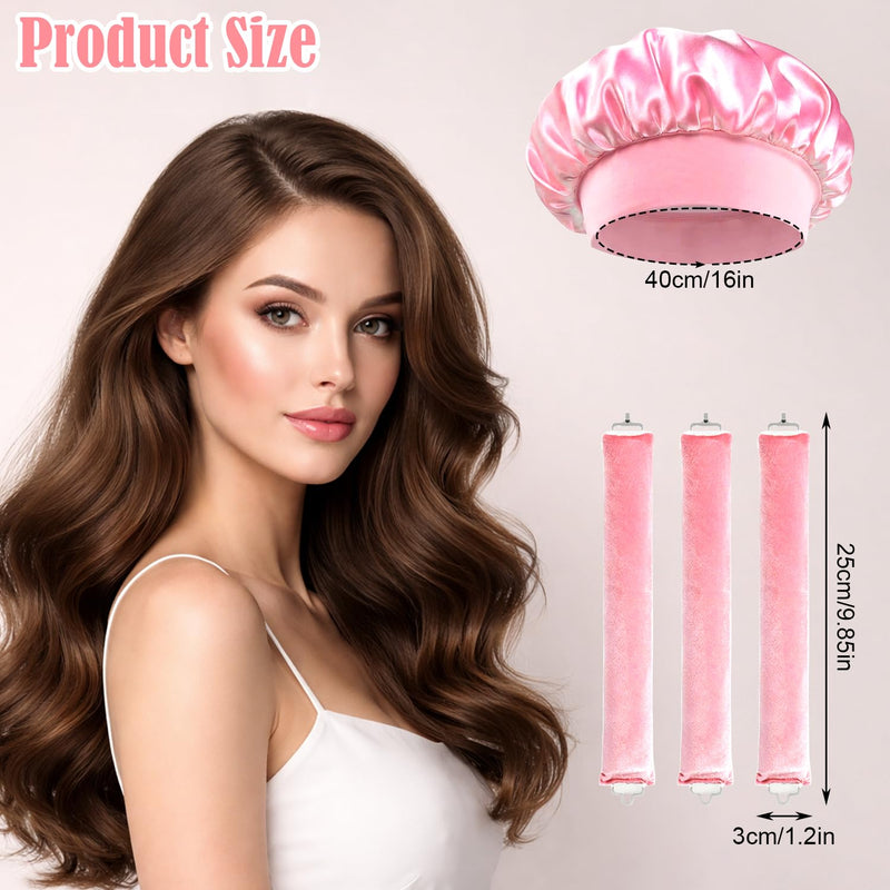  [AUSTRALIA] - Heatless Curling Rods 3PCS, No Heat Hair Rollers with Satin Bonnet, Overnight Flexi Bars for All Hair Types(Pink) Pink
