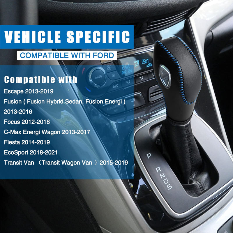 Leather Gear Shift Knob Cover Compatible with Ford Focus丨 Escape丨 Fusion丨 C-Max Energi Wagon丨 Transit 丨 Fiesta 2012-2019 Black Leather with Blue Stitches Shifter Knob Cover- Black