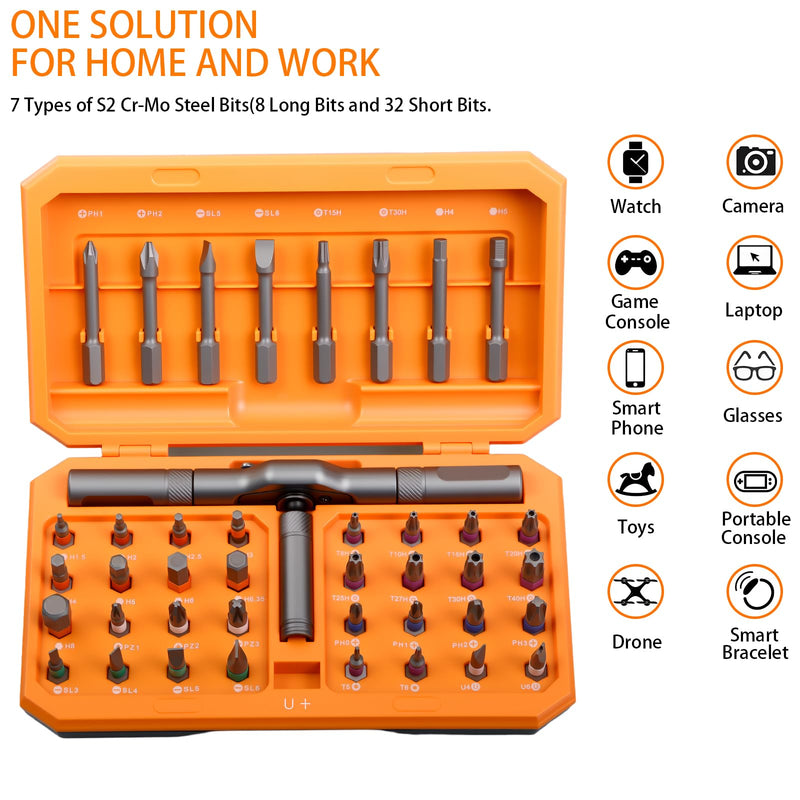 42 in 1 Magnetic Screwdriver Set, Multi Bit Screwdriver Set with Detachable Ratchet Handle, Portable Screw Driver Set Kit for Computer, Eyeglass, Bicycles, Watch, Furniture and Electronic Repair 42 in 1 Orange