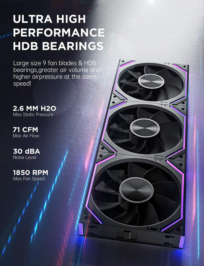 AsiaHorse Dawn Pro 120mm Case Fan, ARGB PWM 1850RPM / 68CFM Airflow, Forward & Reverse Blade Design, Low Noise, Precision HDB Bearings High Performance Unit PC Fan Modular Daisy Chain 3PACK-Reverse Blade Black