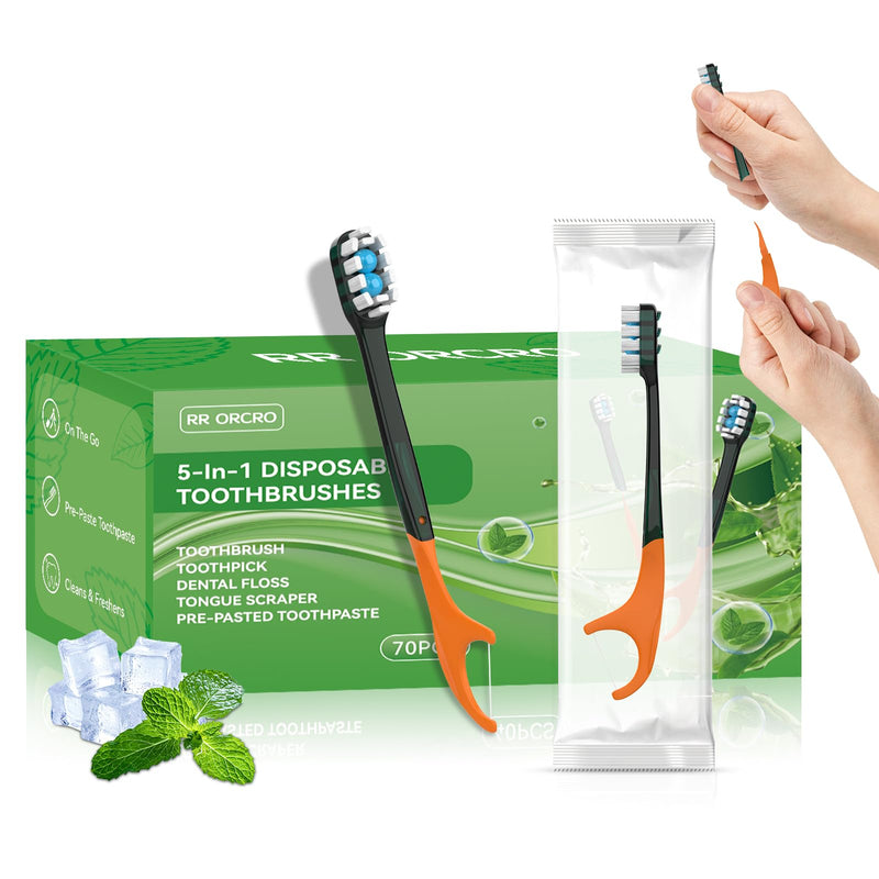 70Pack Disposable Toothbrushes with Toothpaste + Pick + Floss + Tongue Scraper 5-in-1 Mini Prepasted Travel Toothbrush for Hotel Camping Flight Car Single Use Portable Individually Wrapped | Mint Orange - Burst Bead 70 Pack
