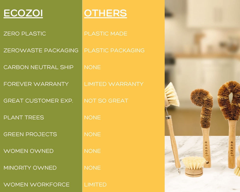 Ecozoi Bamboo Dish Brush Set, 6 Piece for Vegetable, and Kitchen Dish Cleaning, Sisal & Coconut Fibers with Bamboo Handles, Kitchen Brushes for Dishes, Pots, Pans