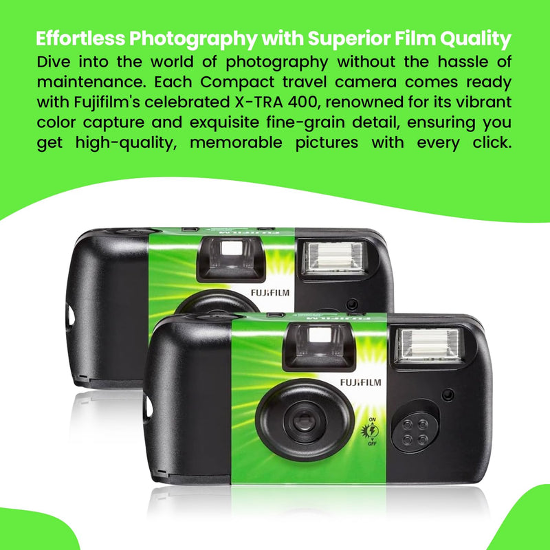 Fujifilm QuickSnap Flash 400 Disposable 35mm Camera • 4 Pack • 4 Hand Straps • 2 BluebirdSales Microfiber Cloth, Green, 7033661