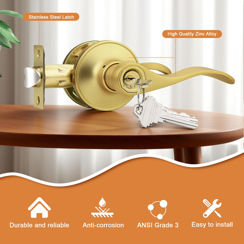Probrico Brushed Gold Door Handles Front Exterior Door Handles with Lock and Keys, Gold Entry Door Lever Wave Style Reversible, 1 Pack