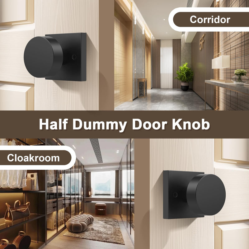 Probrico 2 Pack Black Dummy Door Knobs, Half Dummy Door Handles, One Side Dummy Doorknobs on Square Rose, Keyless Door Knobs no Lock