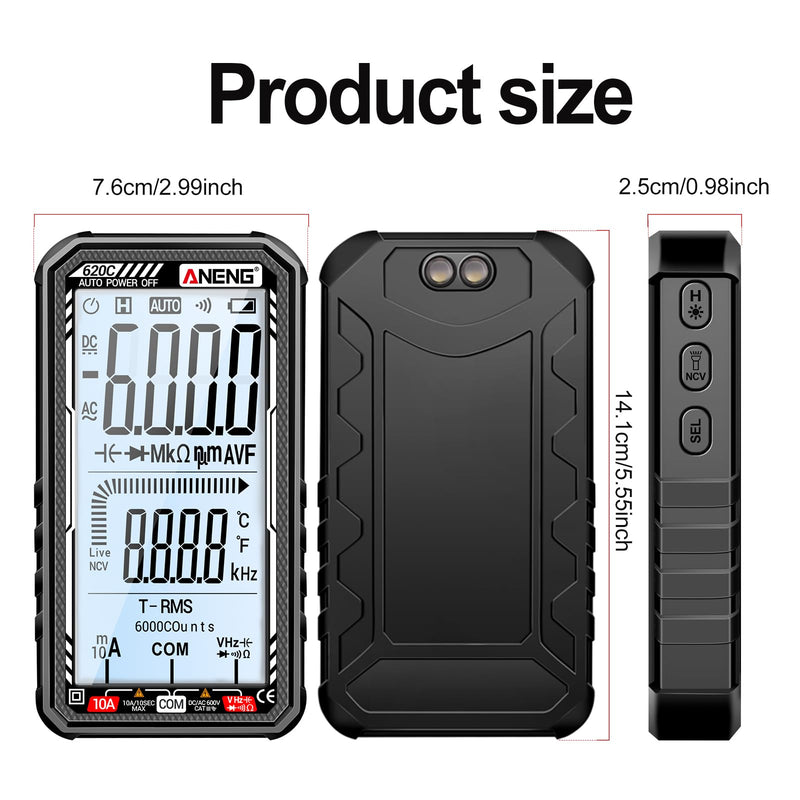 Digital Multimeter Tester, Smart Digital Multimeter 6000 Counts with Auto Ranging Digital Voltmeter Measures Voltage Current Resistance Continuity for Electricians,DIY (620C Black) 620C