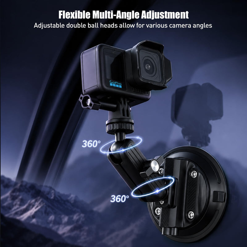 HSU 3.9"/9.8cm Suction Cup Mount with Adjustable Ball Head Magic Arm | Quick Release Universal Car Windshield Holder, Compatible with GoPro, Insta360, DJI Action Osmo Cameras, DSLR & Smartphones