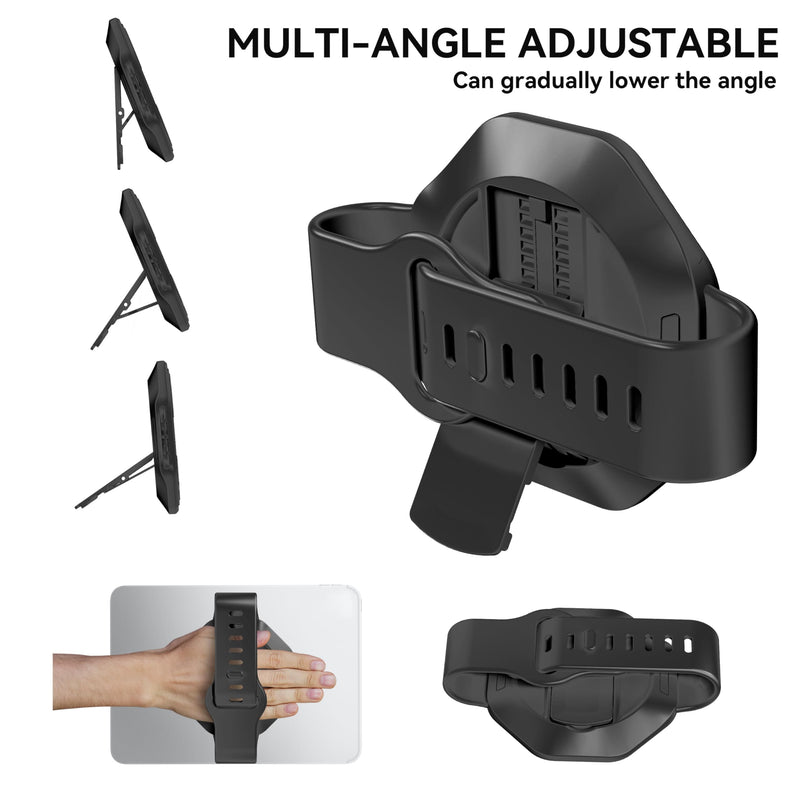 Universal Tablet Hand Strap Stand, 360° Rotatable 2-in-1 Handheld & Desktop Holder, Soft Silicone Wristband, 10KG Heavy Duty Anti Drop Mount for All Tablets,Black