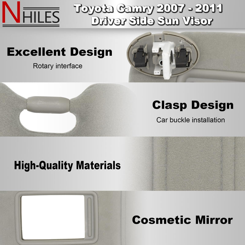 NHILES Left Driver Side Sun Visor Fits for Toyota Camry 2007 2008 2009 2010 2011 Replacement Sun Shade with Light # 74320-33F00-B0 (Gray) Gray(Left Driver with light)