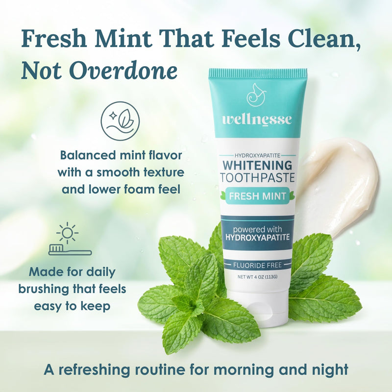 Wellnesse Hydroxyapatite Toothpaste, Fluoride Free, Whitening Toothpaste, Remineralizing Enamel Care, Xylitol Formula for Sensitive Teeth and Daily Oral Care, Fresh Mint, 4 Oz, Pack 3 4 Ounce (Pack of 3)