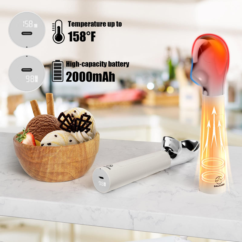 Heated Ice Cream Scoop – Electric Scooper for Hard Ice Cream and Desserts, Handheld Heating Up to 158°F, Rechargeable with LED Display, Easy to Clean, Ideal Summer Gift White