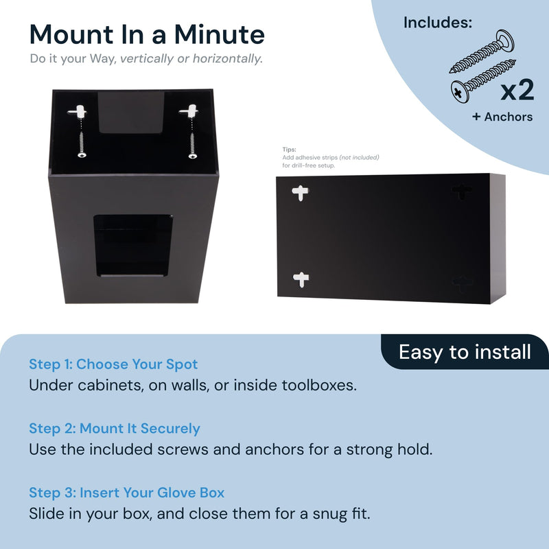 Glove Holder for Wall Mount Dispenser - Single Black - Side-Loaded Acrylic Rack - Disposable Glove Box