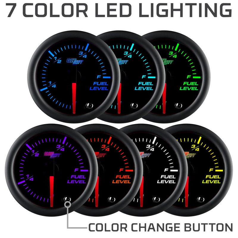 GlowShift Tinted 7 Color Adjustable Fuel Level Gauge - Black Dial - Smoked Lens - for Gas & Diesel Vehicles - 2-1/16" 52mm