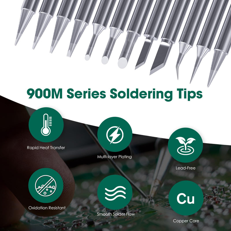 HANGLIFE 900M Soldering Iron Tips with Tip Holder for Hakko, Yihua, Atten, Quick, Ryobi, and More Soldering Stations/Guns - Replacement Solder Tips for Welding Equipment & Accessories (12 pcs) Kit 1 With Holder