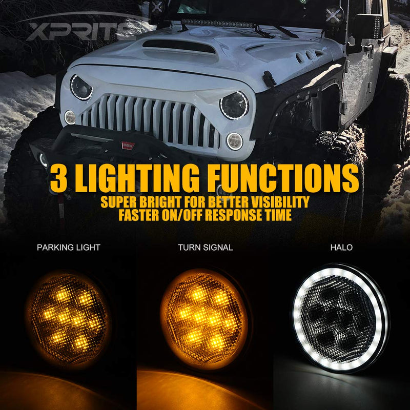 Xprite LED Turn Signal Lights w/White DRL Halo, Smoked Lens Fender Side Marker Lights Indicator Lamp Compatible with 2007-2018 Jeep Wrangler JK & Wrangler Unlimited Smoke Lens w/ Halo
