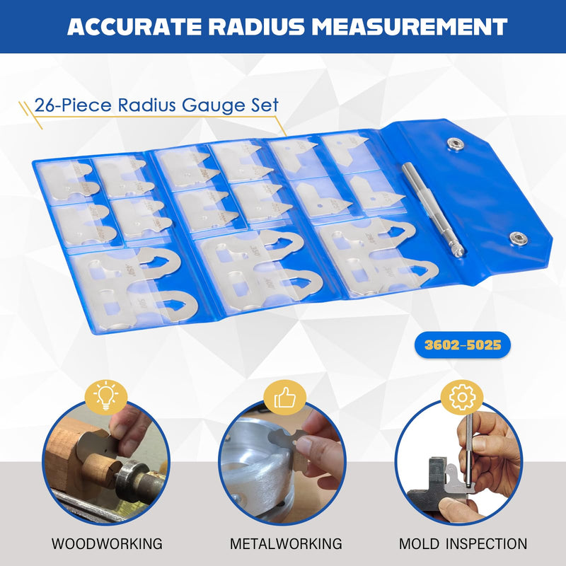26 Pc Radius Gauge Set 0.010'' to 0.500'' Gauges with Holder, 3602-5025 Radius Measuring Tool 26