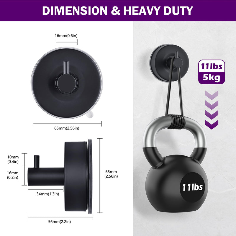 JOMOLA Stainless Steel Bathroom Suction Hooks - No Drill Adhesive-Free Wall Mount for Shower, Towel & Robe, Rustproof Metal Hardware with Damage-Free Grip, Matte Black (4-Pack) Black-4 Pack