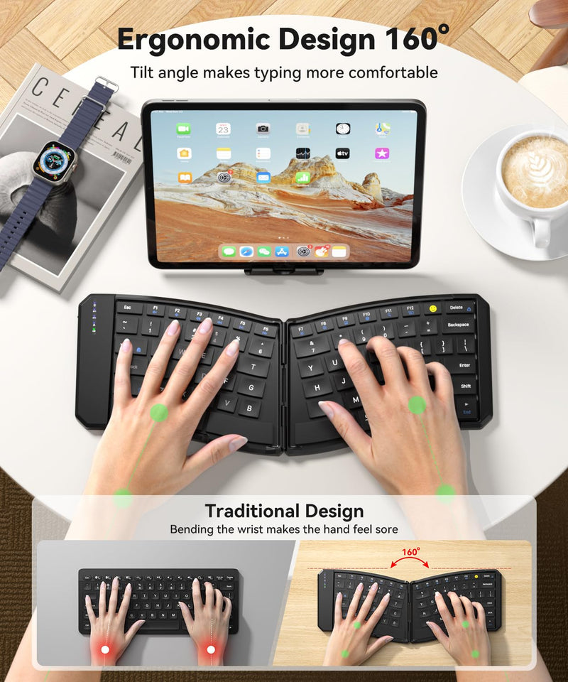 Ergonomic Foldable Keyboard, 3-Device Dual Mode 2.4G & Bluetooth | Ultra-Slim Portable Wireless Design for Travel&Lap Use, Connects up to 3 Devices, Compatible with iOS, Android, Windows