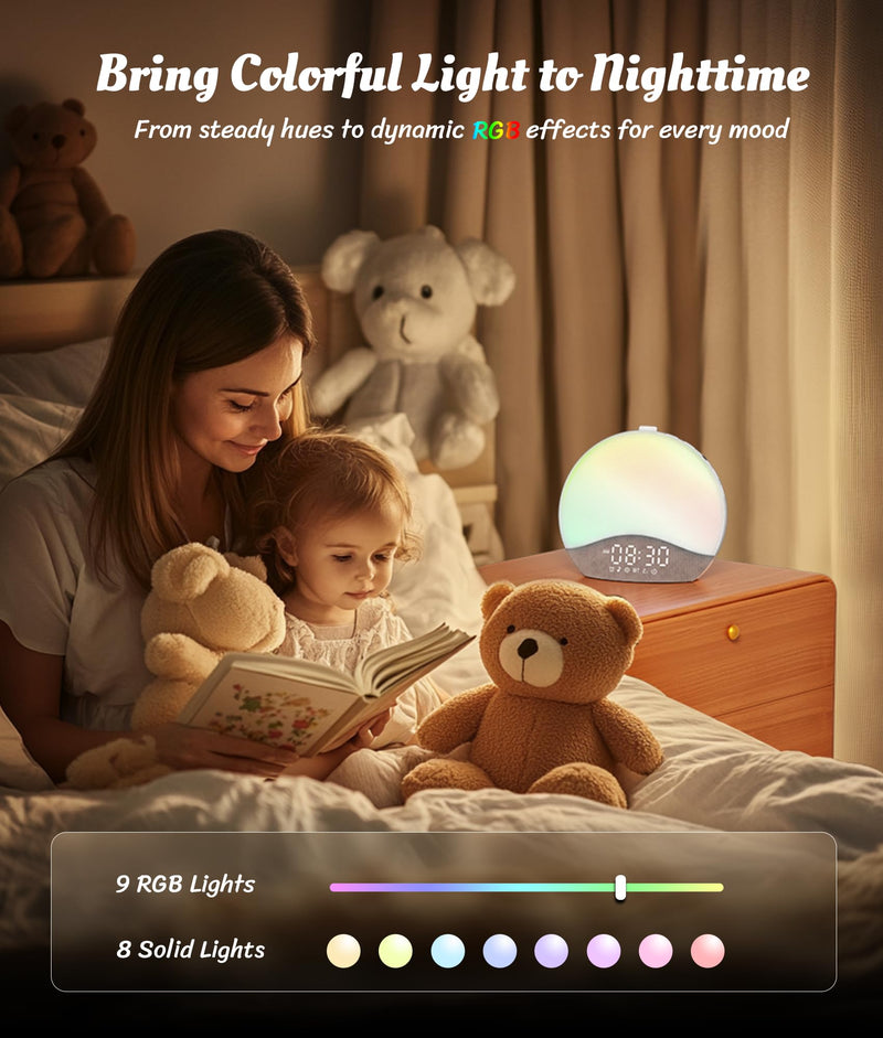 ecozy Sunrise Alarm Clock, White Noise Sound Machine, Alarm Clock for Bedrooms, 26 Soothing Sounds, 17 Night Lights, Bluetooth Speaker, Sunrise Wake-Up Light for Heavy Sleepers, Adults, Kids Grey & White