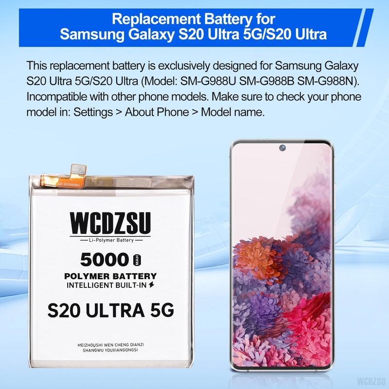 Battery Replacement for Samsung Galaxy S20 Ultra 5G S20 Ultra 5000mAh High Capacity New 0 Cycle Li-Polymer with Full Repair Tool kit Model SM-G988U SM-G988B SM-G988N