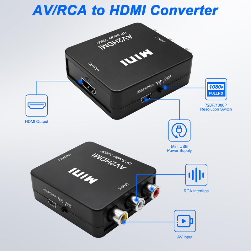 MEIRIYFA RCA to HDMI Converter Adapter with USB Power Cable | 1080P AV to HDMI Adapter Uni-Direction, Support PAL/NTSC, for PC Laptop TV VHS VCR DVD (Black)
